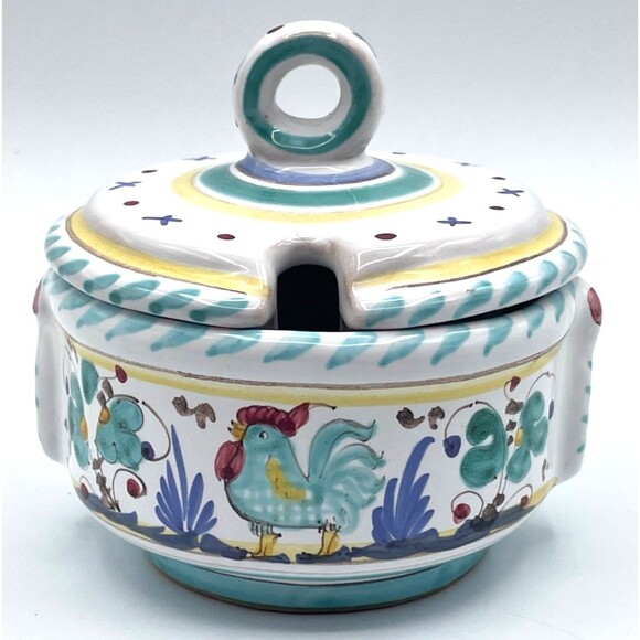 Deruta Pottery Sugar Cheese Bowl Orvieto Rooster Hand Painted Signed Italy MINT - Picture 1 of 13